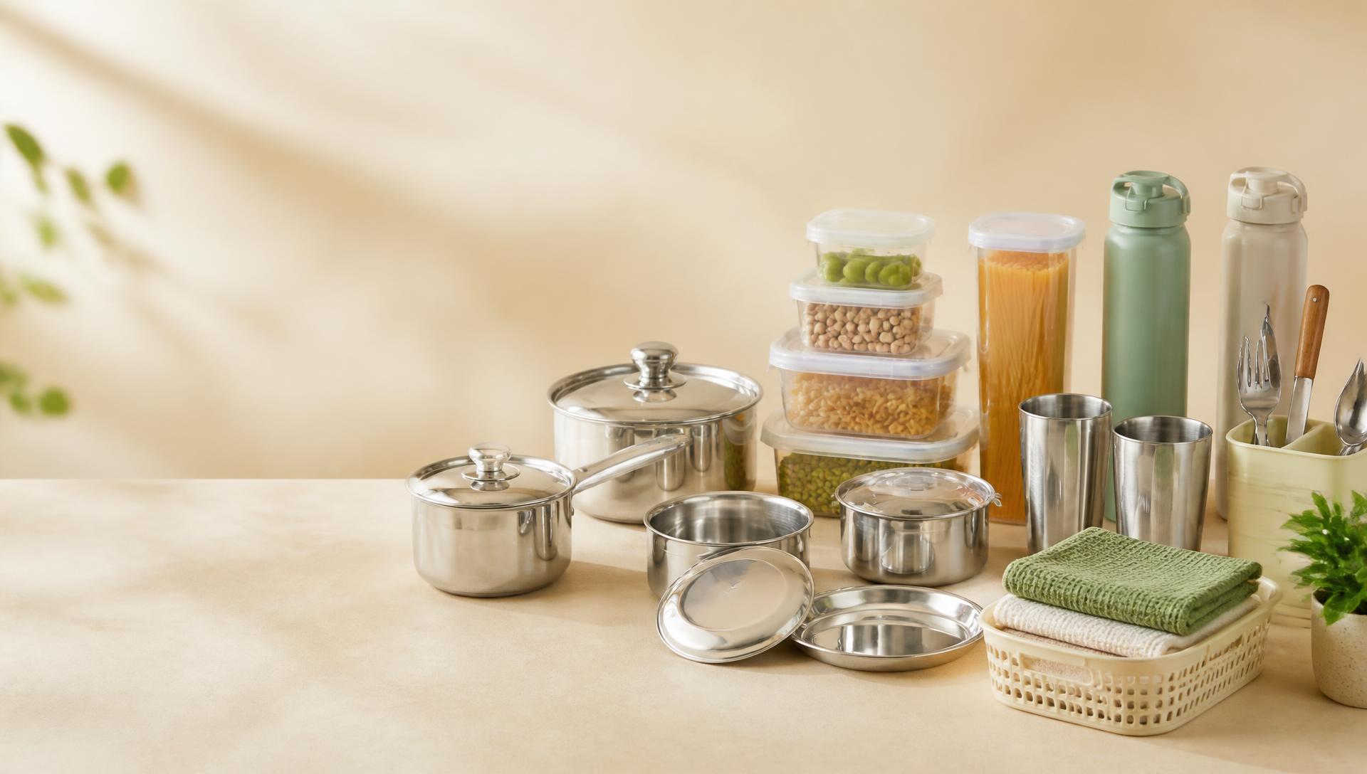 Assorted homeware, cookware and kitchen essentials arranged on a warm neutral surface